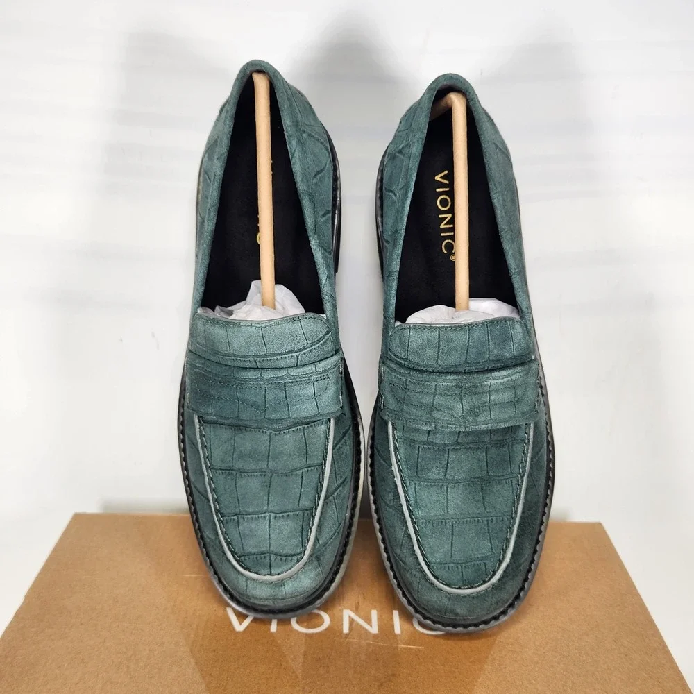 Vionic Caitlin Loafer Women Size 9.5 Scarab Croc Suede Orthotic Penny Loafers